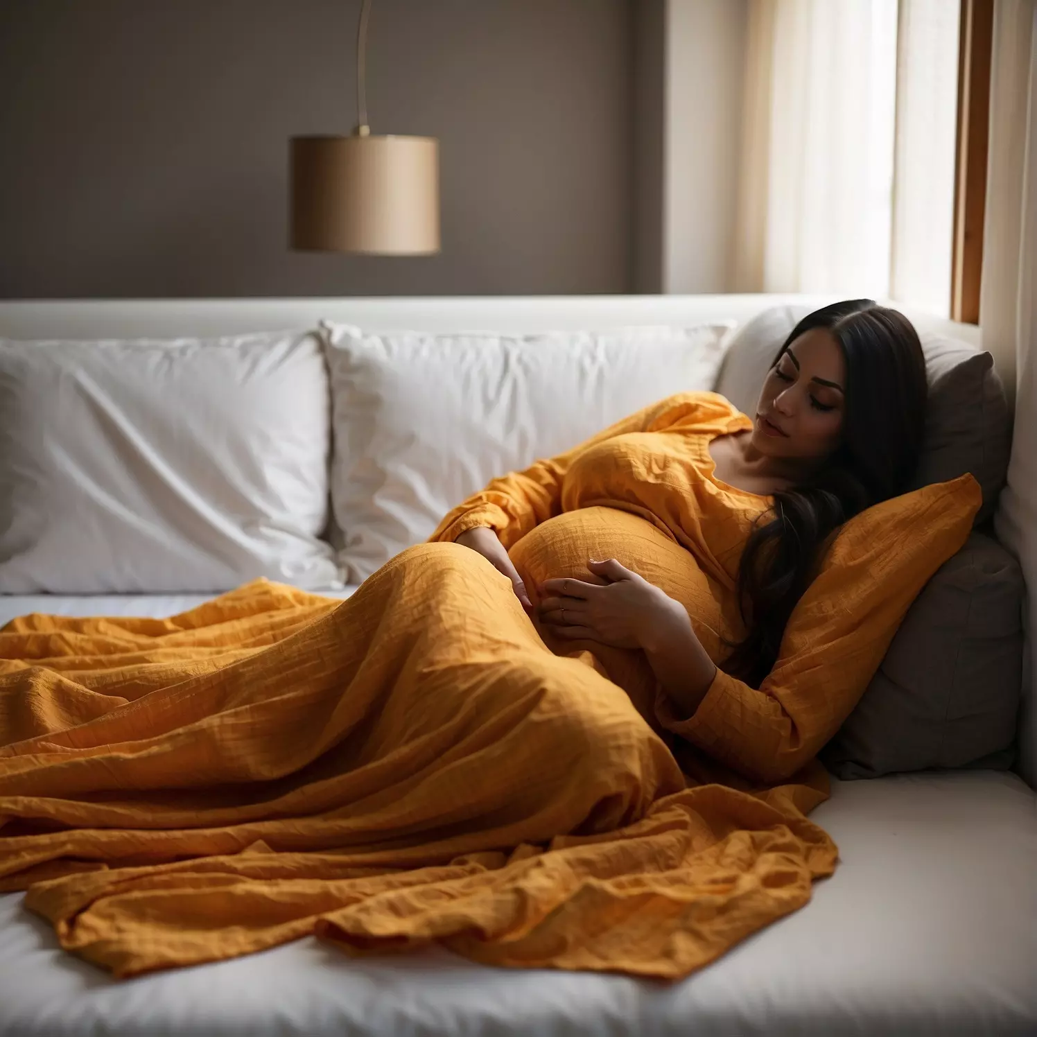 Mulher grávida deitada na cama